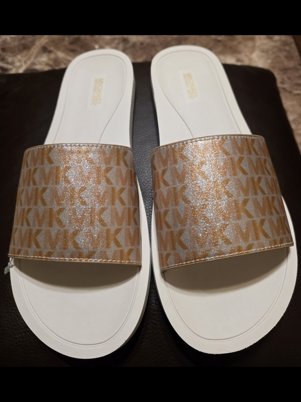 Michael Kors White Slide Sandals with Gold MK Monogram Strap